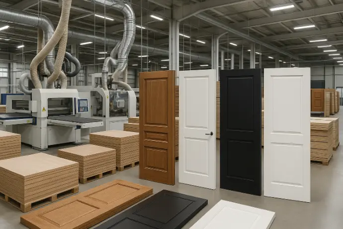 Wooden doors factory with modern production lines and high-quality wooden, melamine, and HPL doors